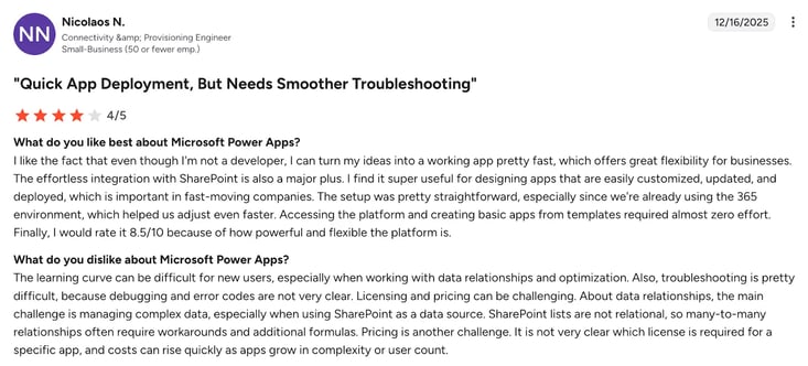 Image of G2 review of Power Apps from Nicolaos N-1
