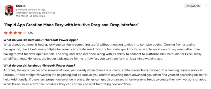Image of G2 review of Power Apps from Sree K