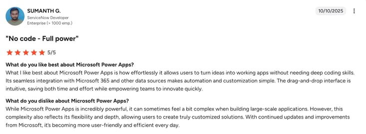 Image of G2 review of Power Apps from Sumanth G
