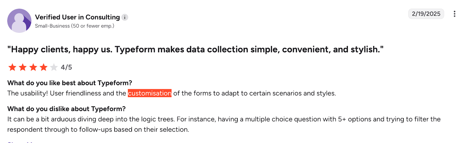 Image of G2 review of Typeform by Consulting customer