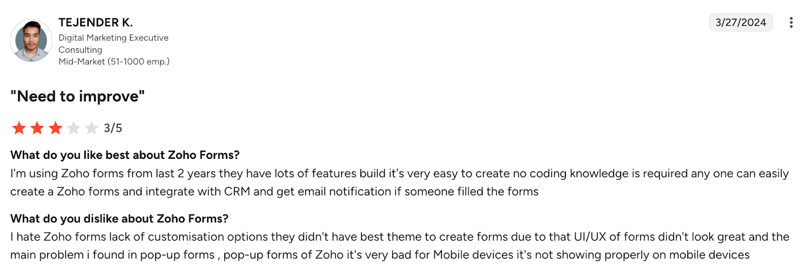 Image of G2 review of Zoho Forms by Tejender K