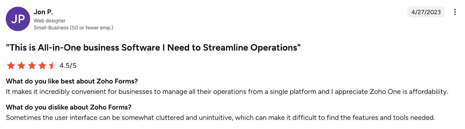 Image of G2 review of Zoho Forms from John P
