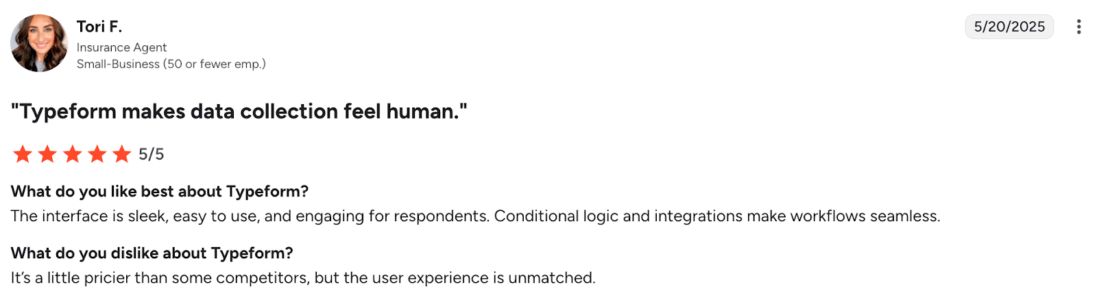 Image of G2 reviewof Typeform by Tori