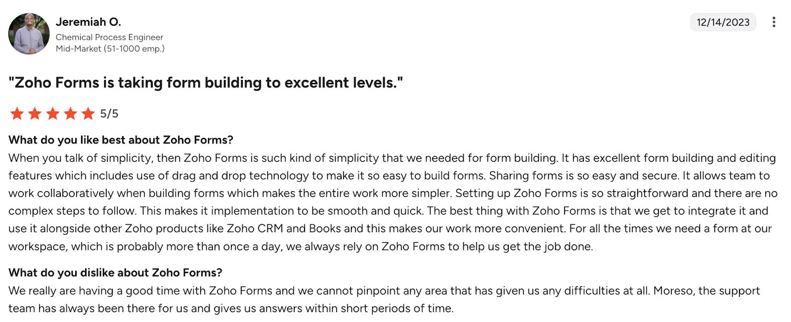 Image of review of Zoho Forms by Jeremiah O-1