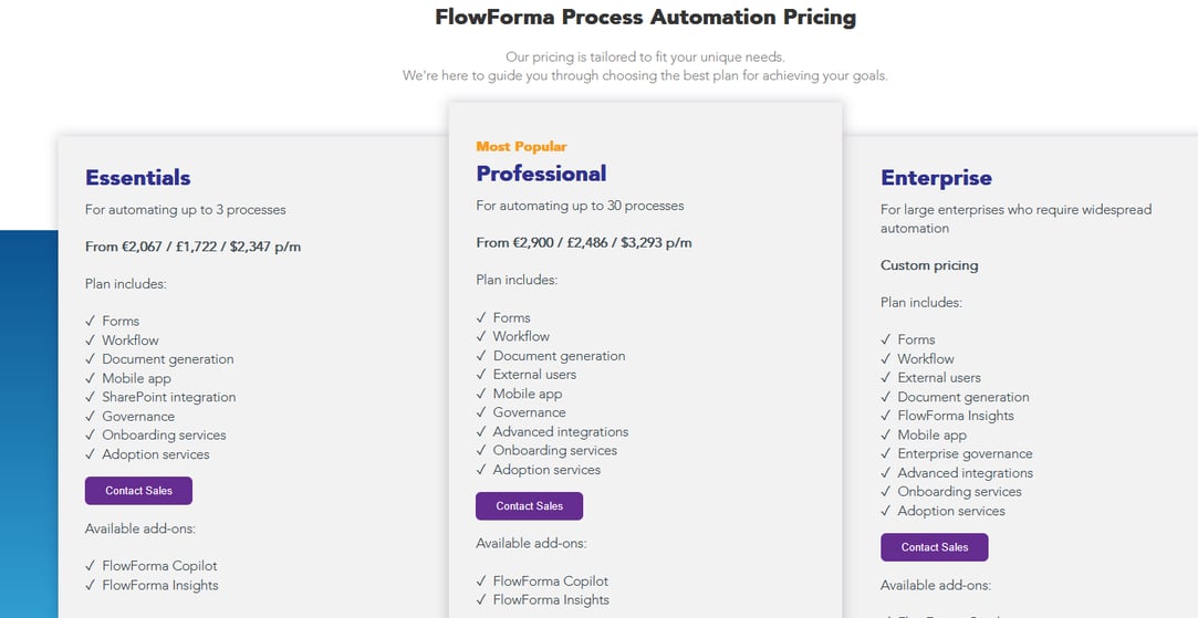 Screenshot of FlowForma’s pricing page