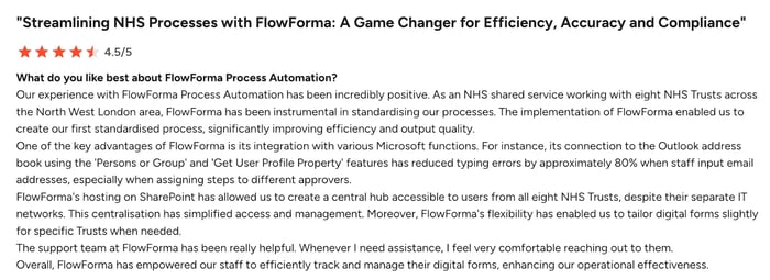 Screenshot of G2 user feedback of FlowForma 