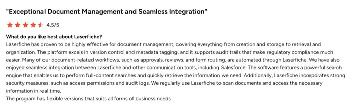 Screenshot of G2 user review of Laserfiche 1