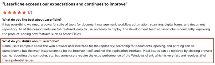 Screenshot of G2 user review of Laserfiche 3