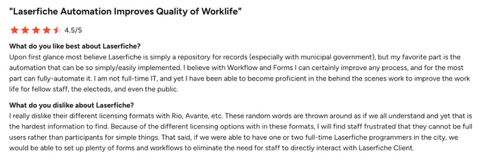 Screenshot of G2 user review of Laserfiche 8