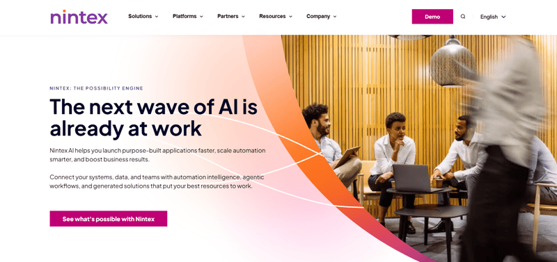 Nintex homepage introducing automation tools with AI, intelligent workflows, and business solutions.