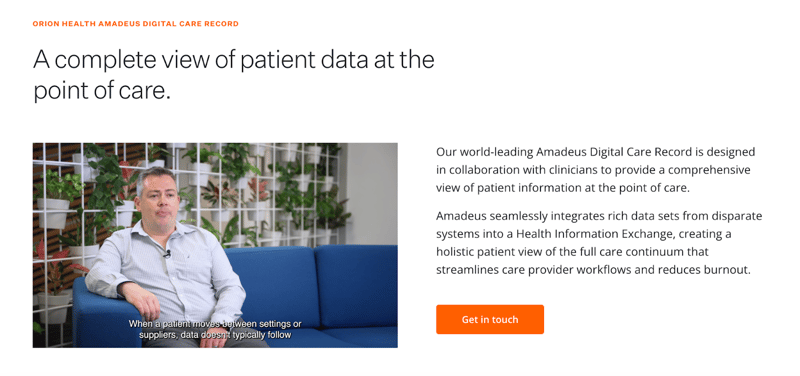 Screenshot of Orion Health Amadeus Digital Care Record’s homepage