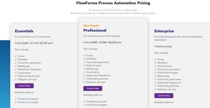 Screenshot of FlowForma’s pricing page