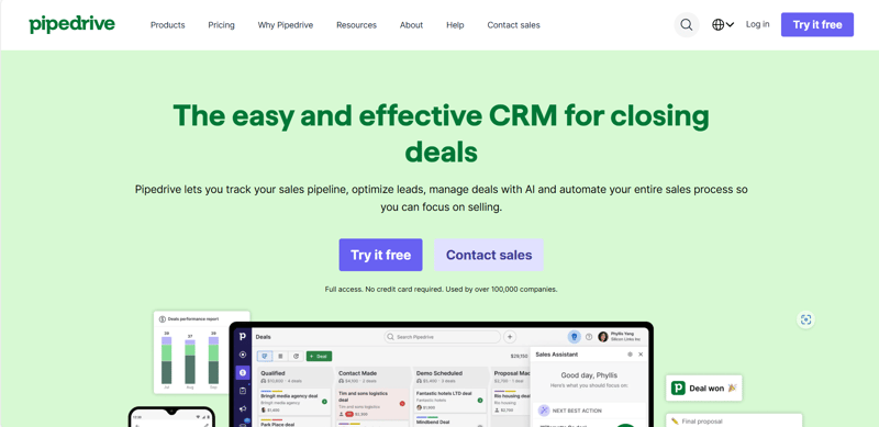 Pipedrive homepage focusing on sales pipeline automation, lead tracking, and AI-powered CRM workflows.