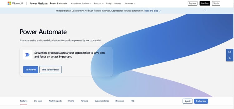 Screenshot of Power Automate’s homepage