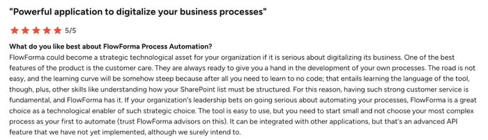 Screenshot of G2 user review of FlowForma 1