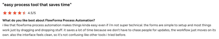 Screenshot of G2 user review of FlowForma