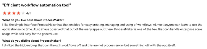 Screenshot of user feedback on ProcessMaker’s interface and usability