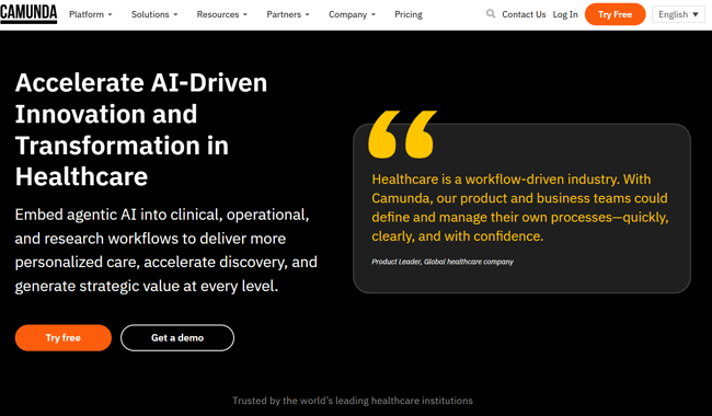 Image shown: Screenshot of Camunda’s healthcare solutions page
