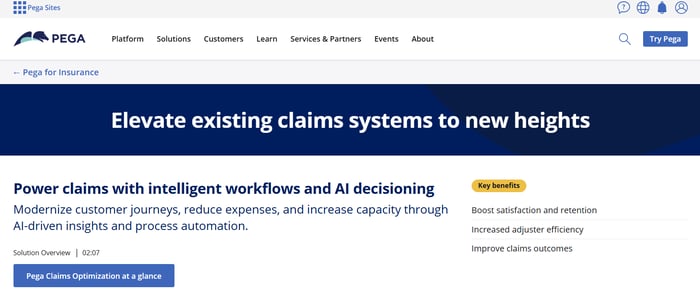 Image shown: A screenshot of Pega Claim’s homepage