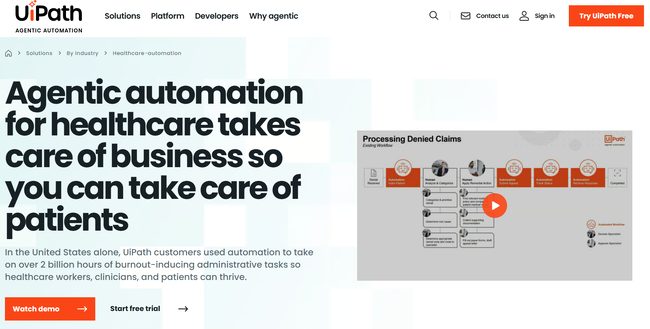 Image shown: Screenshot of UI Path’s healthcare page