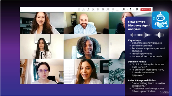 Image shown: Screenshot of FlowForma Process Discovery agent analysing meeting conversations