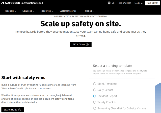 Image shown:  Screenshot of Autodesk Construction Cloud’s safety management page