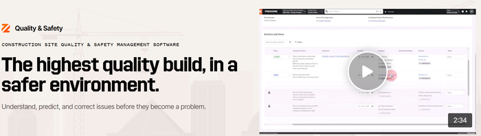 Image shown: Screenshot of Procore’s quality and safety management page