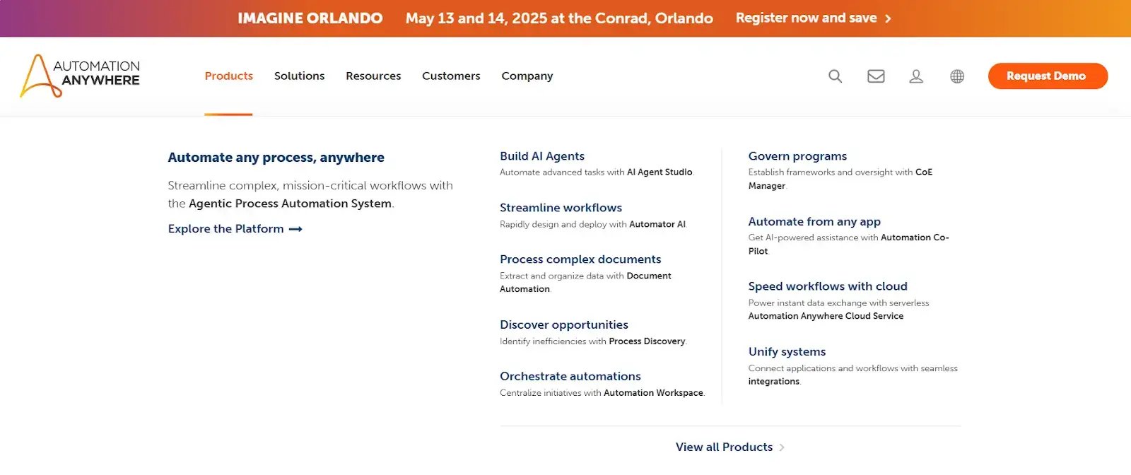 Screenshot of Automation Anywhere website