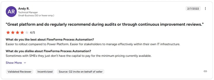Screenshot of FlowForma G2 review by Andy