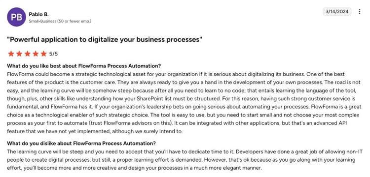Screenshot of FlowForma G2 review-1