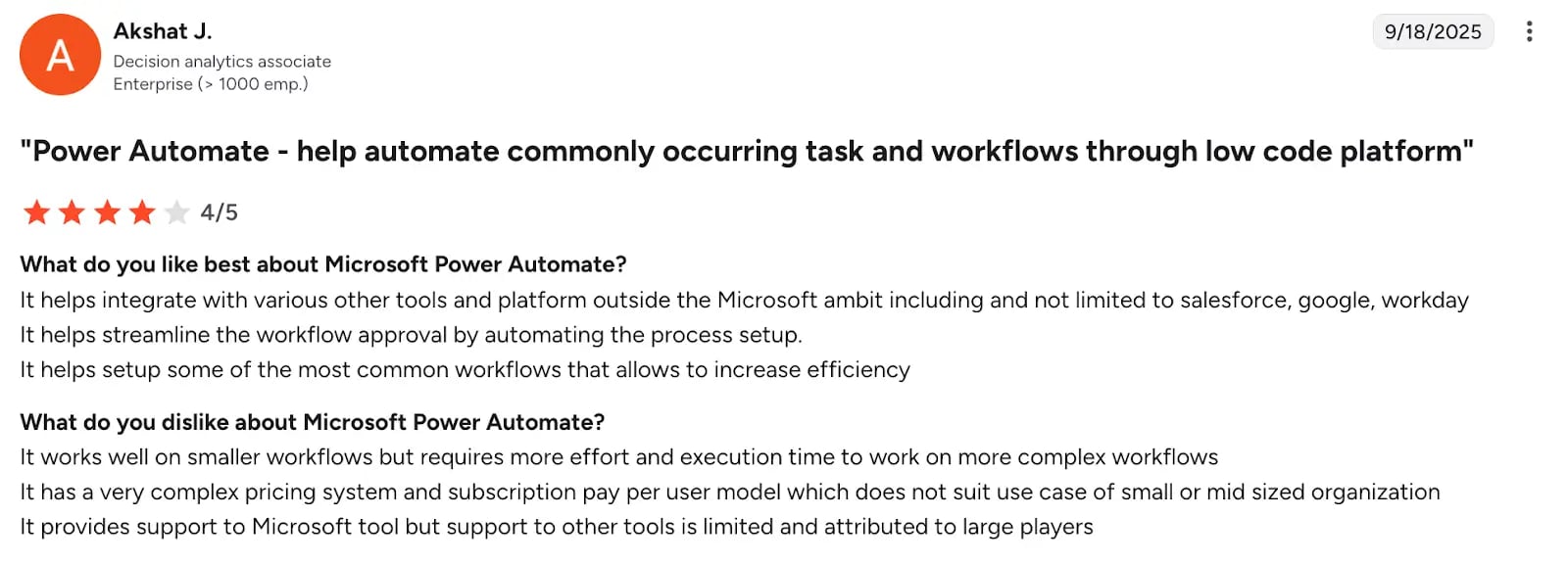 Screenshot of G2 review by Akshat of Microsoft Power Automate