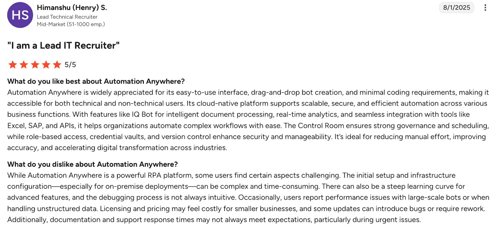 Screenshot of G2 review by Himanshu of Automation Anywhere