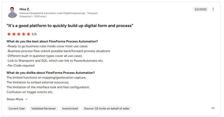 Screenshot of G2 review by Hins