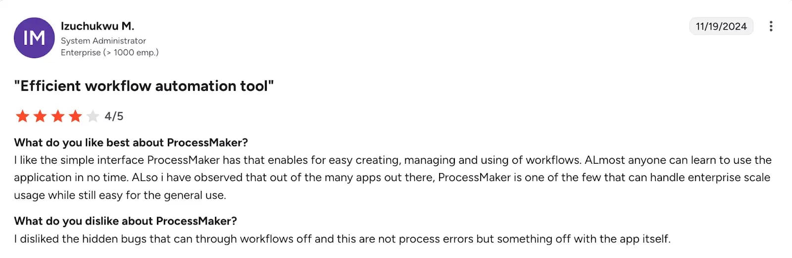 Screenshot of G2 review by Izuchukwu M of Process Maker (1)