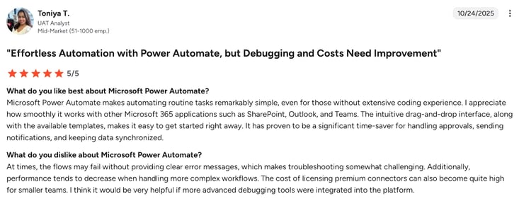 Screenshot of G2 review by Toniya of Microsoft Power Automate