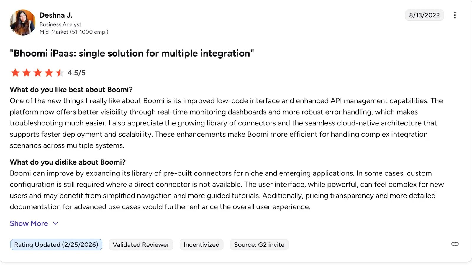 Screenshot of G2 review of Boomi by Deshna J