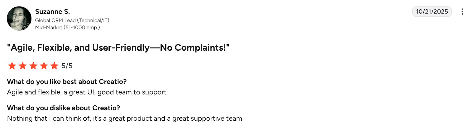 Screenshot of G2 review of Creatio by Suzanne S.