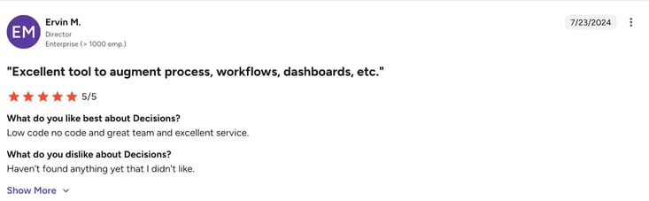 Screenshot of G2 review of Decisions by Ervin