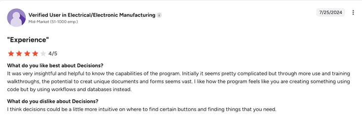 Screenshot of G2 review of Decisions by manufacturing customer