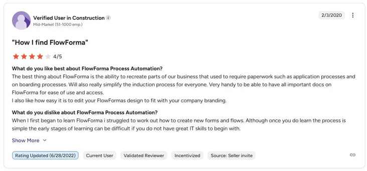 Screenshot of G2 review of FlowForma about onboarding