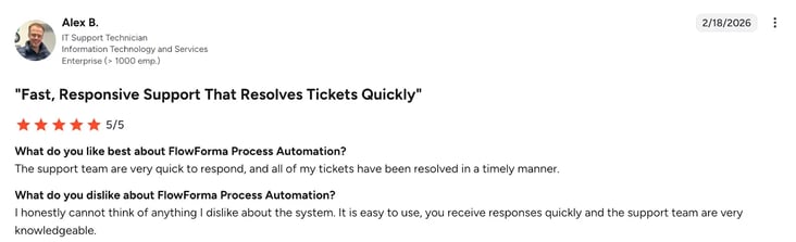 Screenshot of G2 review of FlowForma by Alex