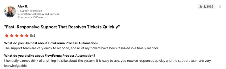 Screenshot of G2 review of FlowForma by Alex