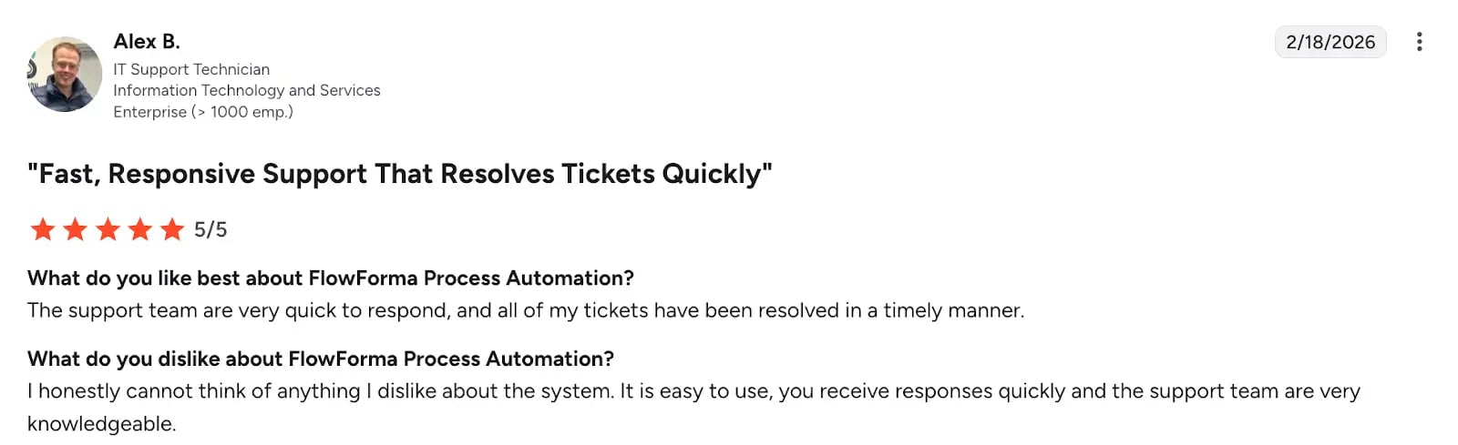 Screenshot of G2 review of FlowForma by Alex