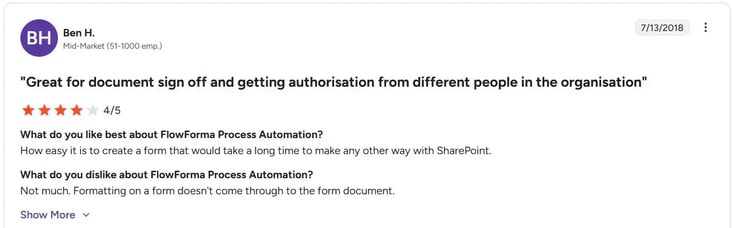 Screenshot of G2 review of FlowForma by Ben H