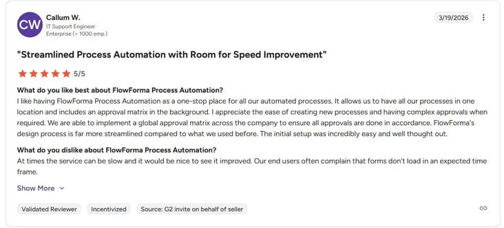 Screenshot of G2 review of FlowForma by Callum W