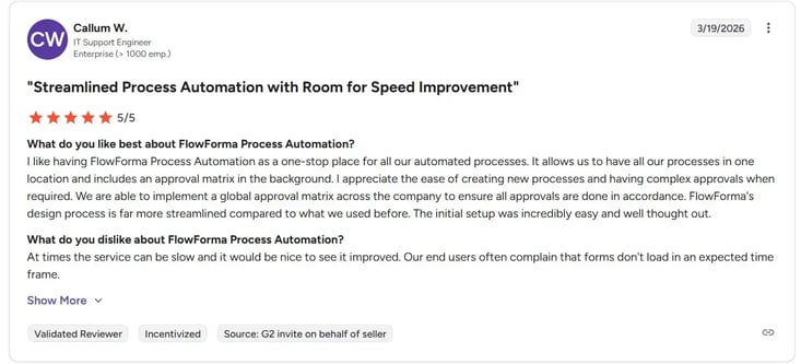 Screenshot of G2 review of FlowForma by Callum W