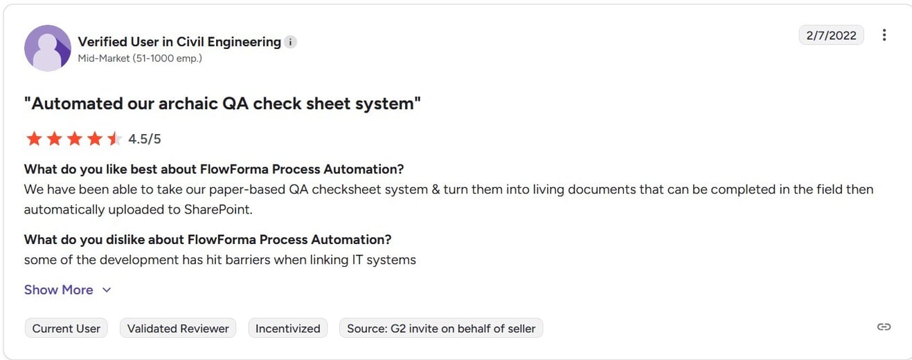 Screenshot of G2 review of FlowForma by Civil Engineering customer