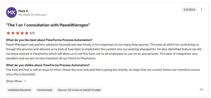 Screenshot of G2 review of FlowForma by Mark K