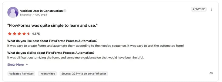 Screenshot of G2 review of FlowForma by construction customer