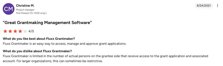 Screenshot of G2 review of Fluxx by Christine M